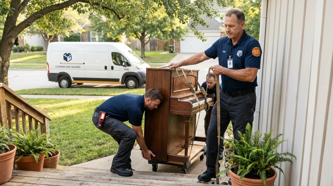 Licensed piano movers securing grand piano in Walled Lake, MI
