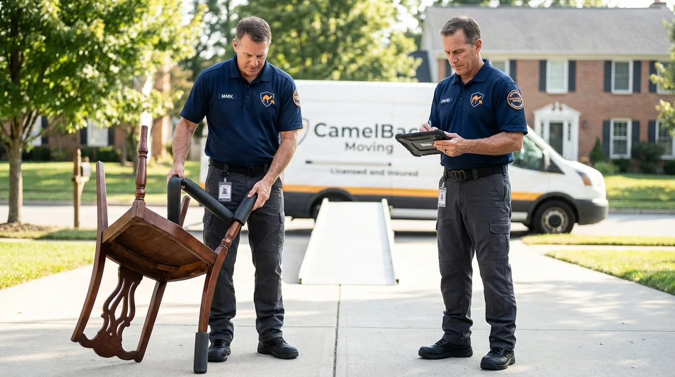 Movers inspecting furniture for damage prevention before loading in Walled Lake, MI
