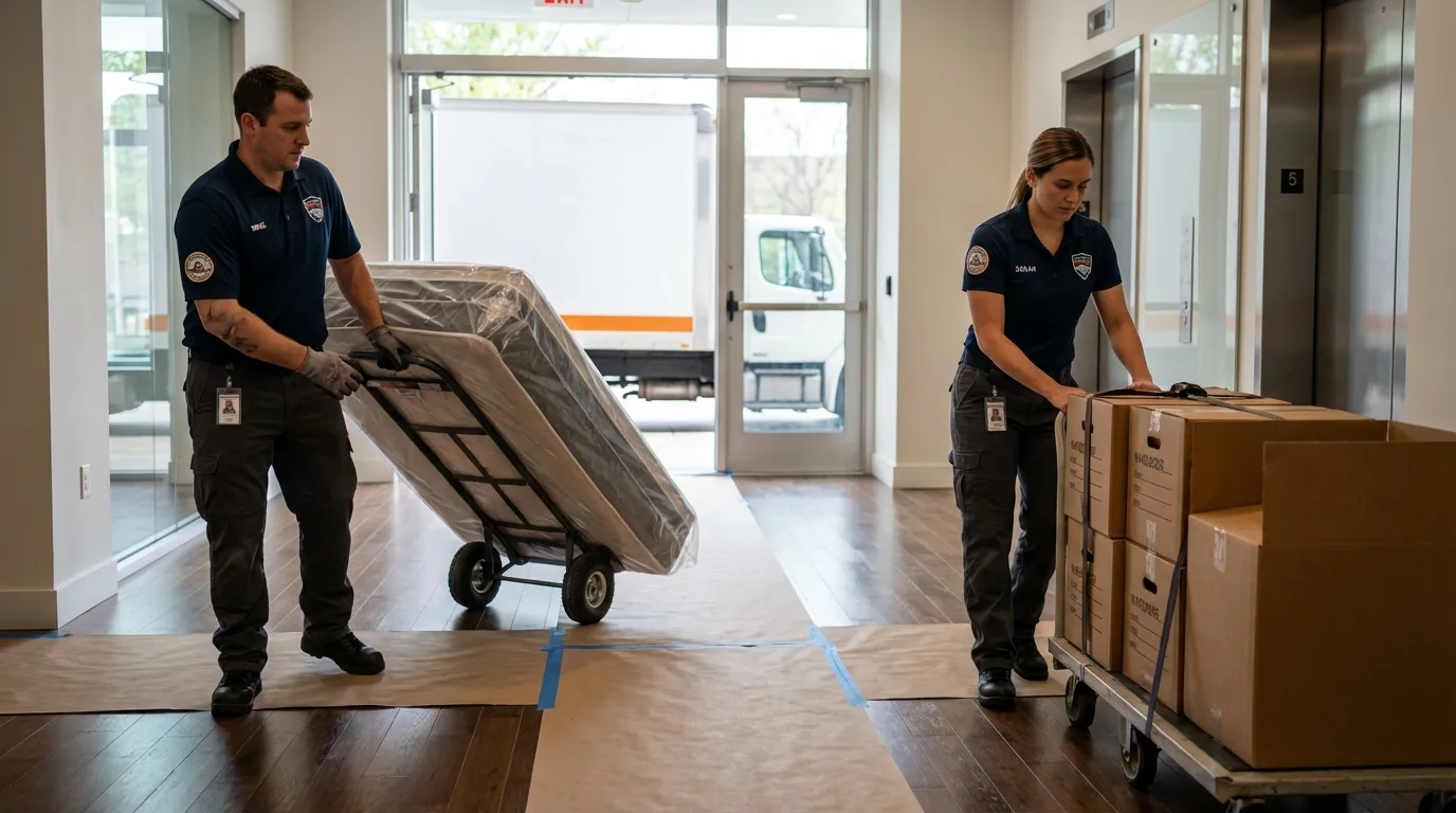 Professional apartment movers loading elevator in Walled Lake, MI