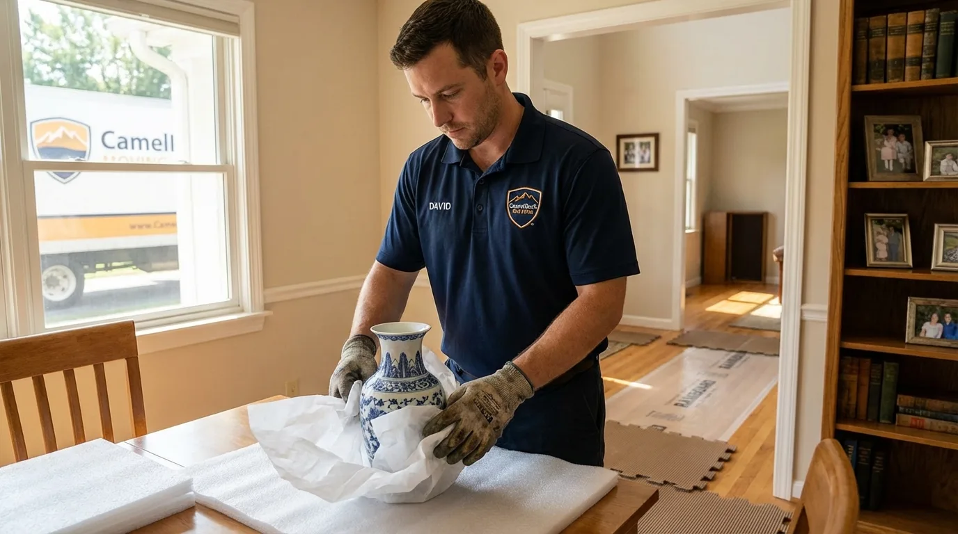 Professional crew carefully wrapping antique vase for senior downsizing move in Walled Lake, MI