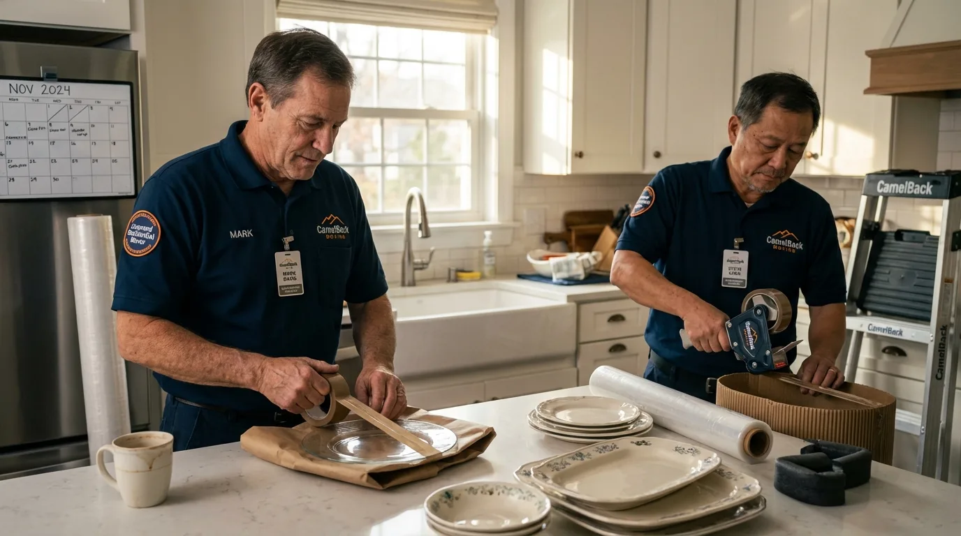 Professional crew packing kitchen dishware in Walled Lake, MI